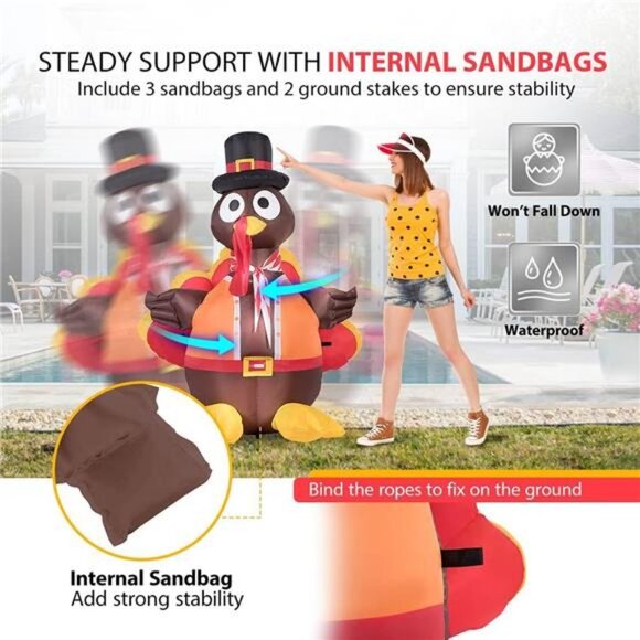 5ft Height Thanksgiving Inflatable LED Lighted Turkey with Hat Blow up - Picture 6 of 7